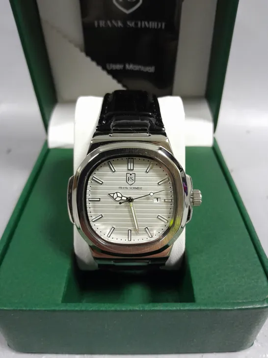 BOXED FRANK SCHMIDT TEXTURED DIAL WITH DATE & LEATHER STRAP WATCH