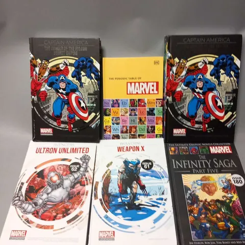 12 ASSORTED MARVEL BOOKS TO INCLUDE; CAPTAIN AMERICA THE COMING OF THE FALCON SECRET EMPIRE, THER PERIODIC TABLE OF MARVEL, THE INIFINTY SAGA PART FIVE, WOLVERINE WEAPON X AND AVENGERS ULTRON UNLIMITE