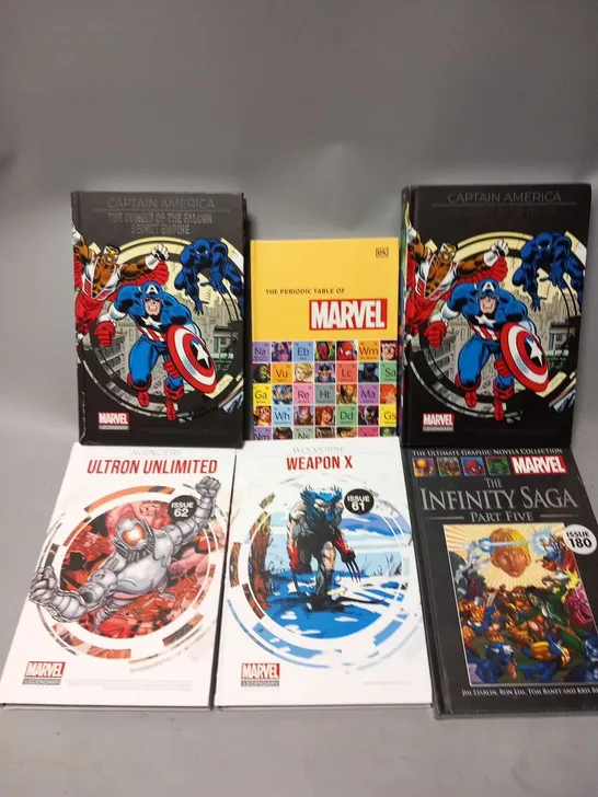 12 ASSORTED MARVEL BOOKS TO INCLUDE; CAPTAIN AMERICA THE COMING OF THE FALCON SECRET EMPIRE, THER PERIODIC TABLE OF MARVEL, THE INIFINTY SAGA PART FIVE, WOLVERINE WEAPON X AND AVENGERS ULTRON UNLIMITE