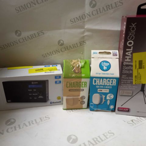 LOT OF APPROX ASSORTED ITEMS TO INCLUDE JUICE CHARGING CABLE. ONN DAB RADIO, HALO SELFIE STICK