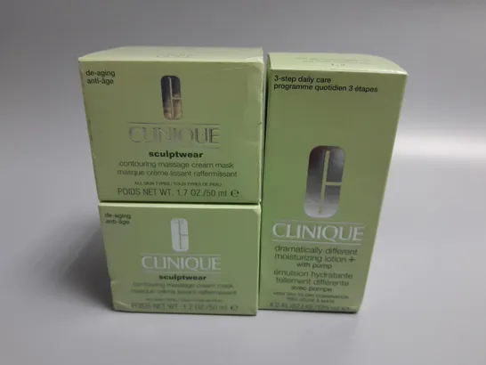 LOT OF 3 CLINIQUE BEAUTY ITEMS TO INCLUDE CONTOURING MASSAGE CREAM AND MOISTURIZING LOTION