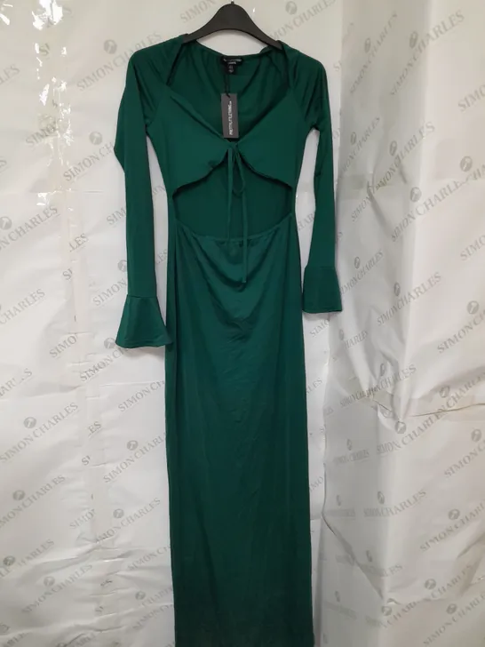 PRETTYLITTLETHING SHAPE CUT OUT DETAIL SLINKY LONG SLEEVE MAXI IN EMERAL GREEN SIZE 8