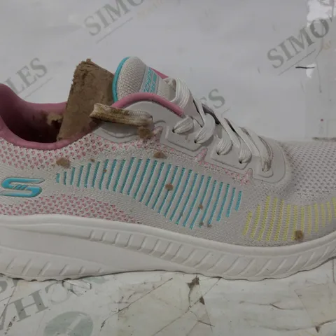 BOXED PAIR OF SKECHERS TRAINERS IN WHITE/PINK/BLUE/YELLOW UK SIZE 6