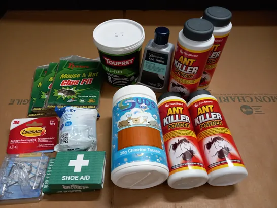 LOT OF 14 ASSORTED HOUSEHOLD ITEMS TO INCLUDE FILL-FLEX, ANT KILLER POWDER AND CHLORINE TABLET