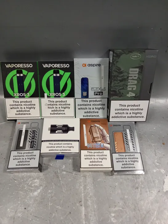 APPROXIMATELY 20 ASSORTED E-CIGARETTE PRODUCTS/ACCESSORIES TO INCLUDE ASPIRE, VAPORESSO, VOO POO ETC 