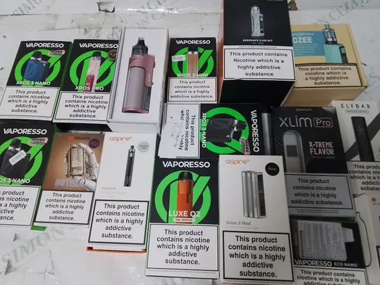 LOT OF ASSORTED E-CIGS AND PARTS TO INCLUDE VAPORESSO, GEEKVAPE AND ASPIRE