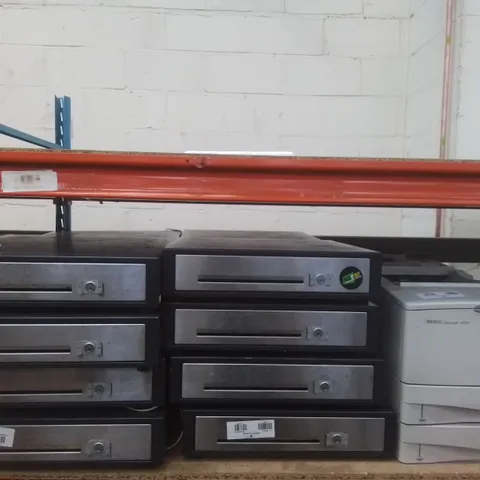 SHELF OF 18 ITEMS INCLUDING TOSHIBA RENOTE DRAWERS AND HEWLETT PACKARD LSERJET 4050T PRINTER 