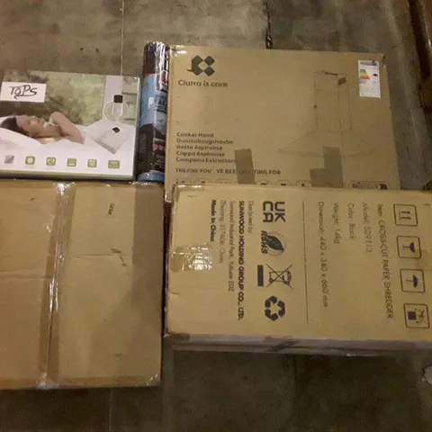 PALLET OF ASSORTED PRODUCTS INCLUDING PAPER SHREDDER, COOKER HOOD, ELECTRIC HEATED THROW, CARPET PROTECTOR, LED CEILING LIGHT