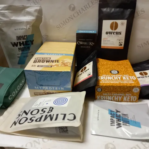 BOX OF ASSORTED COFFEE'S, PROTEIN AND PROTEIN BARS