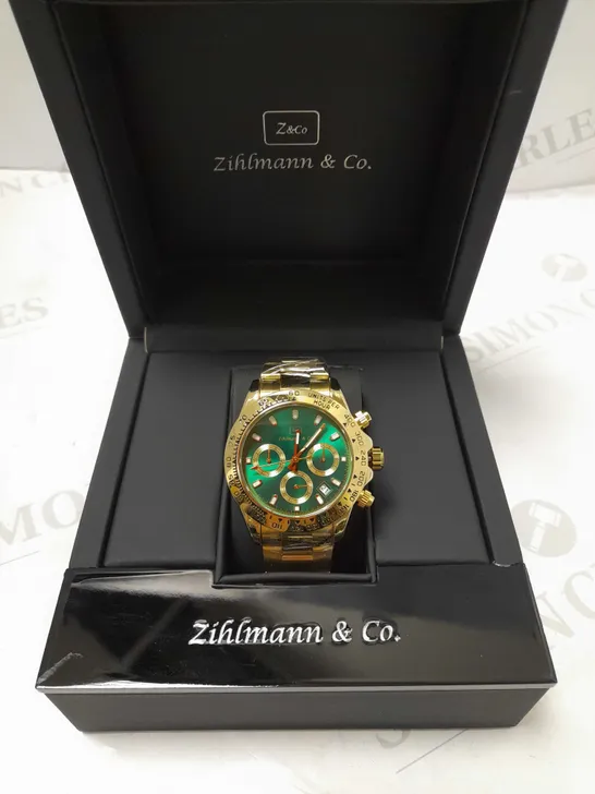 ZIHLMANN & CO GREEN TRIPLE DIAL GOLD EFFECT STRAP WRISTWATCH