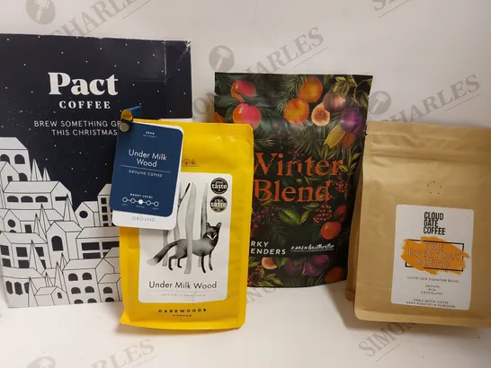 BOX OF APPROX 10 ITEMS TO INCLUDE PACT COFFEE, UNDER MILK WOOD COFFEE, WINTER BLEND COFFEE