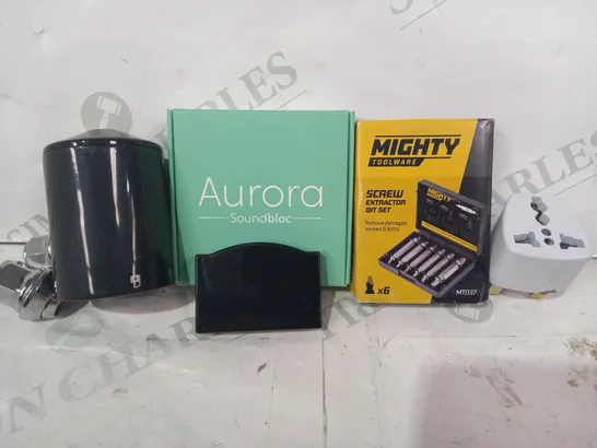 LOT OF APPROXIMATELY 15 ASSORTED HOUSEHOLD ITEMS TO INCLUDE MIGHTY SCREW EXTRACTOR BIT SET, AURORA SOUNDBLOC EARPLUGS, ETC