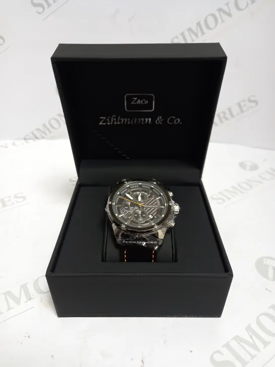 MEN’S ZIHLMANN & CO CHRONOGRAPH WATCH – MODEL ZC60 - BLACK DIAL WITH SUB DIALS – 3ATM WATER RESISTANT – GENUINE LEATHER STRAP 