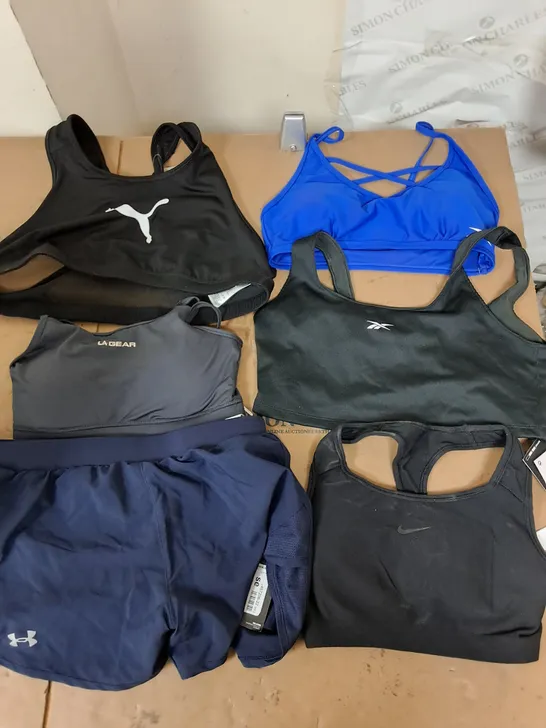 APPROXIMATELY 12 ASSORTED PIECES OF FEMALE GYM WEAR TO INCLUDE SPORTS BRAS IN VARIOUS SIZES AND STYLES 