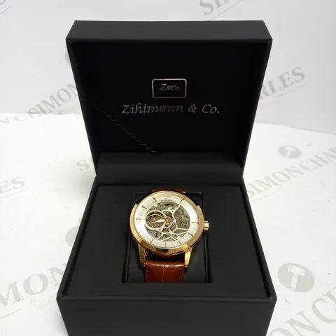 MENS ZIHLMANN & CO AUTOMATIC WATCH - Z210 – SKELETON DIAL – GOLD COLOUR CASE – GENUINE LEATHER CASE – HAND ASSEMBLED