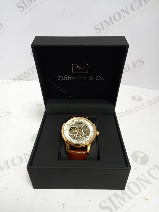 MENS ZIHLMANN & CO AUTOMATIC WATCH - Z210 – SKELETON DIAL – GOLD COLOUR CASE – GENUINE LEATHER CASE – HAND ASSEMBLED