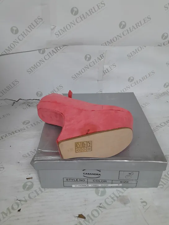 BOXED PAIR OF CASANDRA PLATFORM STRAP SHOE IN CORAL SUEDE SIZE 5