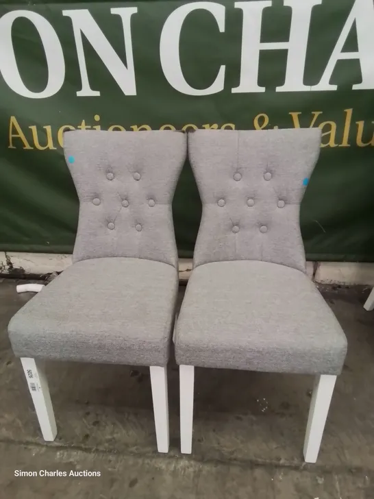 PAIR  BEWLEY UPHOLSTERED BUTTONED BACK DINING CHAIRS GREY VELVET ON WHITE LEGS