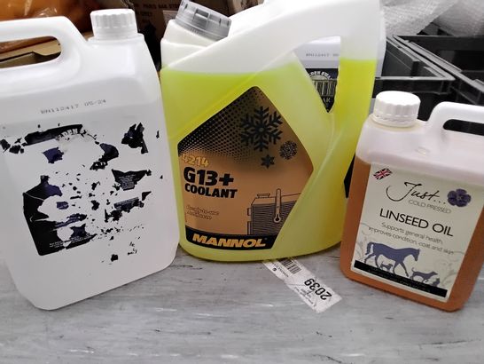 TOTE OF ASSORTED ITEMS INCLUDING WHITE VINEGAR 5L, MANNOL G13+ COOLANT ANTIFREEZE, COLD PRESSED LINSEED OIL