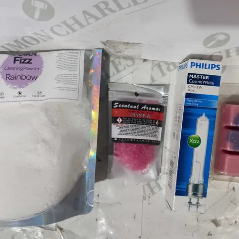 LOT OF APPROXIMATELY 10 ASSORTED HOUSEHOLD ITEMS TO INCLUDE ICE QUEEN WAX MELTS, PHILIPS MASTER COSMO WHITE LONG LASTING BULB, TOILET FIZZ CLEANING POWDER, ETC