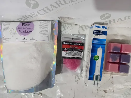 LOT OF APPROXIMATELY 10 ASSORTED HOUSEHOLD ITEMS TO INCLUDE ICE QUEEN WAX MELTS, PHILIPS MASTER COSMO WHITE LONG LASTING BULB, TOILET FIZZ CLEANING POWDER, ETC