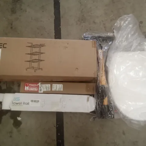 PALLET OF ASSORTED ITEMS INCLUDING HOMIDEC DRYING RACK, TOWEL RAIL, TOILET SEAT, TIRE PUMP, BUG ZAPPER REPLACEMENT BULBS