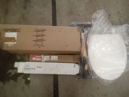 PALLET OF ASSORTED ITEMS INCLUDING HOMIDEC DRYING RACK, TOWEL RAIL, TOILET SEAT, TIRE PUMP, BUG ZAPPER REPLACEMENT BULBS