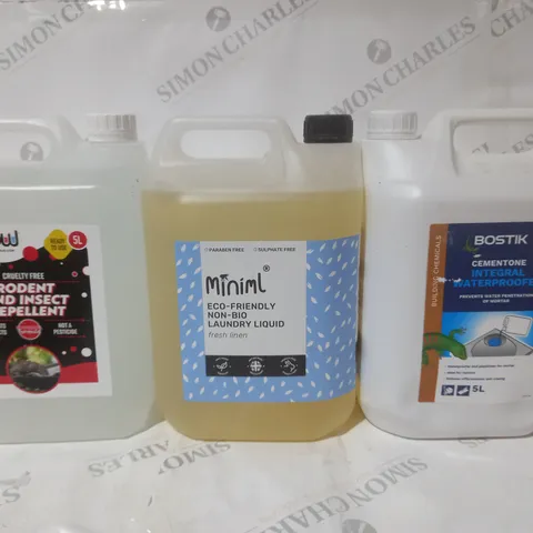 BOX OF APPROX 4 ASSORTED LIQUIDS TO INCLUDE - MINIML LAUNDRY LIQUID - RODENT AND INSECT REPELLENT - 2X WATERPROOFER 