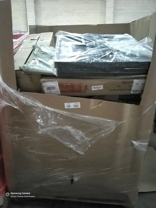 PALLET OF ASSORTED ITEMS INCLUDING, LED MIRROR, 52" LED CEILING FAN, OPEN SHELF UNIT, FOLDING STEPS, BOXED FURNITURE,  FLY KILLER. 