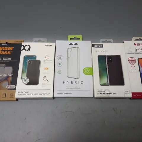 BOX OF APPROX 25 ASSORTED PHONE ITEMS TO INCLUDE - QDOS HYBRID CASE - XQISIT FLEX CASE - INVISIBLE GLASS ELITE ETC