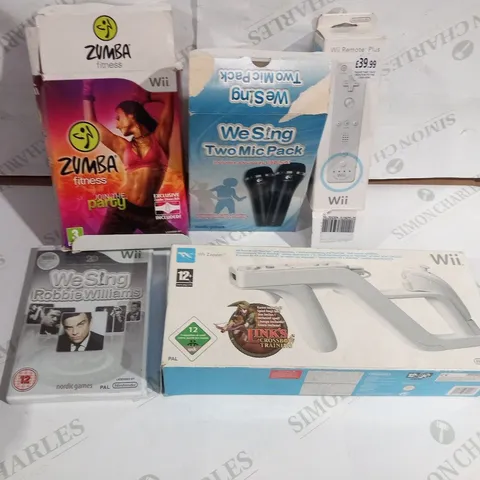 APPROXIMATELY 12 ASSORTED NINTENDO WII GAMES AND ACCESSORIES TO INCLUDE; WE SING ROBBIE WILLIAMS, ZUMBA FITNESS AND ZAPPER