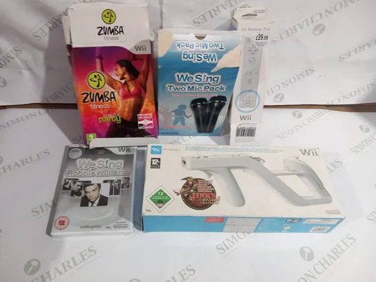 APPROXIMATELY 12 ASSORTED NINTENDO WII GAMES AND ACCESSORIES TO INCLUDE; WE SING ROBBIE WILLIAMS, ZUMBA FITNESS AND ZAPPER