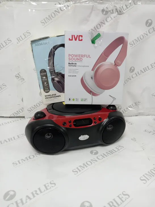 APPROXIMATELY 20 ASSORTED ITEMS TO INCLUDE JVC STEREO HEADPHONES, BLUETOOTH CD BOOMBOX, WIRELESS HEADPHONES ETC. 