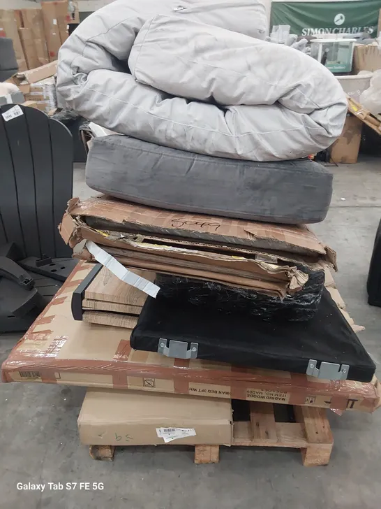 PALLET OF ASSORTED BOXED FURNITURE PARTS, FUTON MATTRESS HEADBOARD.