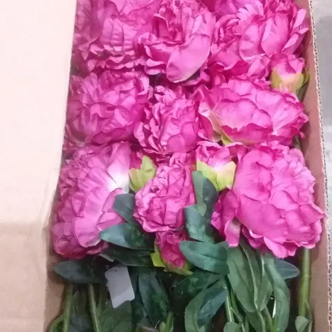 BOX OF 24 BRAND NEW SIGNATURE 68CM PEONY SPRAY W/1 FLOWER, 1 BUD & 5 LEAVES SILK FLOWERS - DARK FUSCHIA