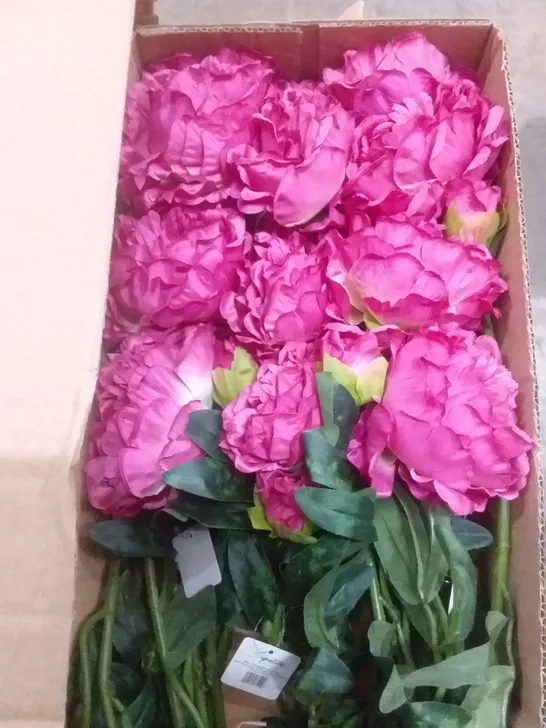 BOX OF 24 BRAND NEW SIGNATURE 68CM PEONY SPRAY W/1 FLOWER, 1 BUD & 5 LEAVES SILK FLOWERS - DARK FUSCHIA