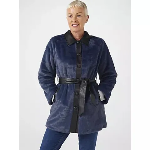 RUTH LANGSFORD FAUX FUR JACKET WITH FAUX LEATHER TRIM- DENIM BLUE SIZE 10