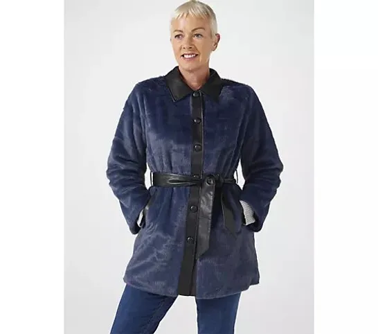 RUTH LANGSFORD FAUX FUR JACKET WITH FAUX LEATHER TRIM- DENIM BLUE SIZE 10