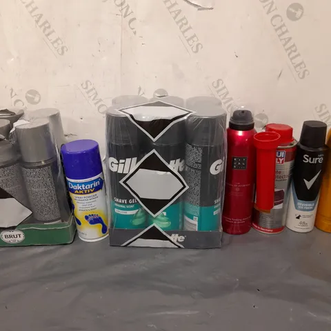 APPROXIMATELY 12 ASSORTED AEROSOLS TO INCLUDE BRUT DEODRANT, GILLETTE SHAVING GEL, AND DAKTARIN AKTIV ETC. 