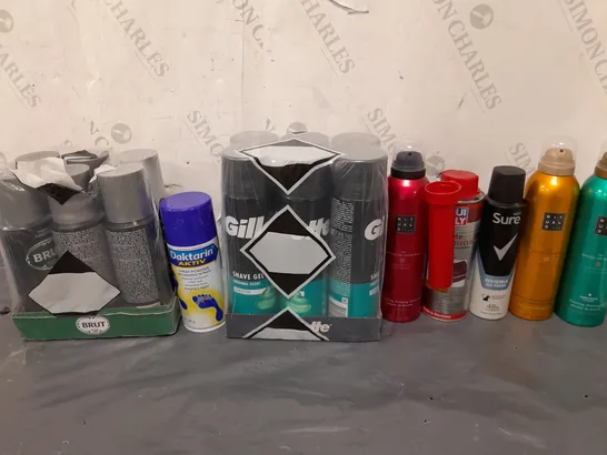 APPROXIMATELY 12 ASSORTED AEROSOLS TO INCLUDE BRUT DEODRANT, GILLETTE SHAVING GEL, AND DAKTARIN AKTIV ETC. 