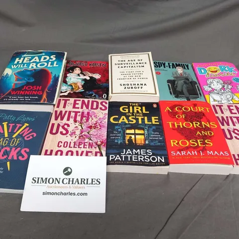 LARGE QUANTITY OF ASSORTED BOOKS TO INCLUDE; IT ENDS WITH US, A COURT OF THORNS AND ROSES, DORK SIARIES, THE GIRL IN THE CASTLE AND HEADS WILL ROLL