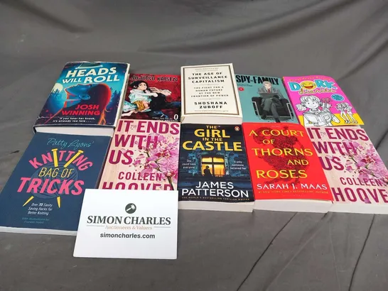 LARGE QUANTITY OF ASSORTED BOOKS TO INCLUDE; IT ENDS WITH US, A COURT OF THORNS AND ROSES, DORK SIARIES, THE GIRL IN THE CASTLE AND HEADS WILL ROLL