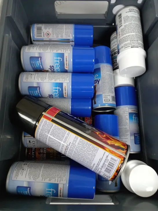 BOX OF APPROX 15 ASSORTED LIQUIDS TO INCLUDE - STOVE PAINT, ODOR BOMB, FREEZE SPRAY ETC