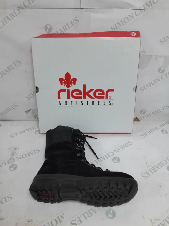 BOXED PAIR OF RIEKER SUEDE WATER RESISTANT BOOTS IN BLACK SIZE 6