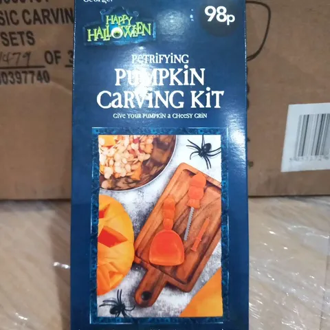 APPROXIMATELY 48 BRAND NEW BOXED HAPPY HALLOWEEN PETRIFYING PUMPKIN CARVING KITS
