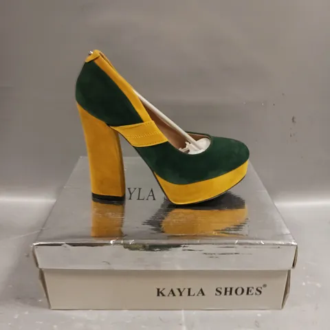 BOXED PAIR OF KAYLA HIGH BLOCK HEEL SLIP ON SHOES - SIZE 3.5