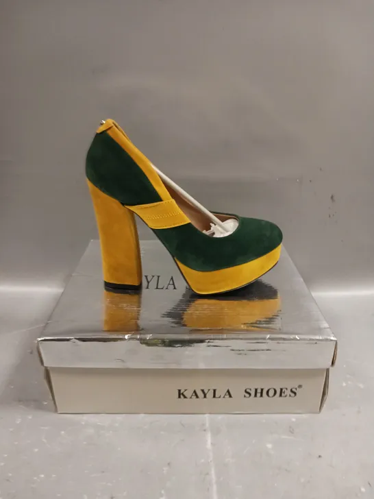 BOXED PAIR OF KAYLA HIGH BLOCK HEEL SLIP ON SHOES - SIZE 3.5