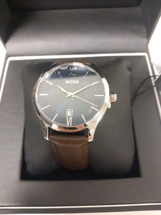 BOXED HUGO BOSS BROWN STRAP WRIST WATCH