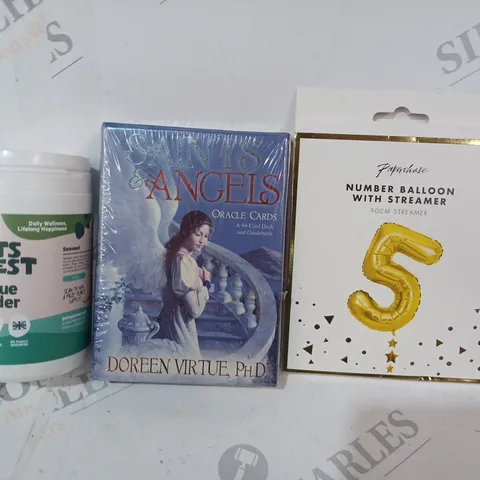 APPROXIMATELY 10 ASSORTED HOUSEHOLD ITEMS TO INCLUDE NUMBER BALLOON WITH STREAMER, SAINTS & ANGELS ORACLE CARDS, PETS PUREST PLAQUE POWDER, ETC