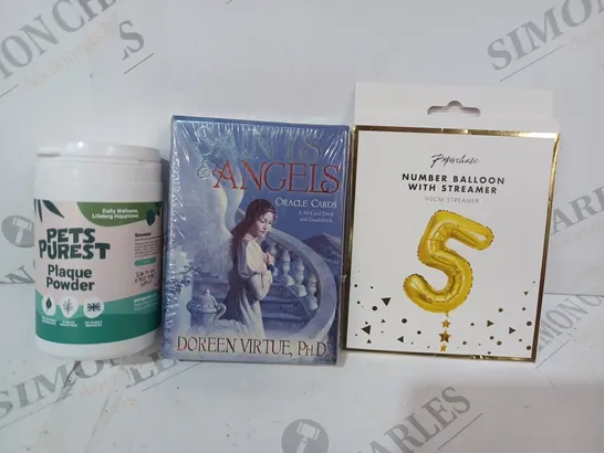 APPROXIMATELY 10 ASSORTED HOUSEHOLD ITEMS TO INCLUDE NUMBER BALLOON WITH STREAMER, SAINTS & ANGELS ORACLE CARDS, PETS PUREST PLAQUE POWDER, ETC